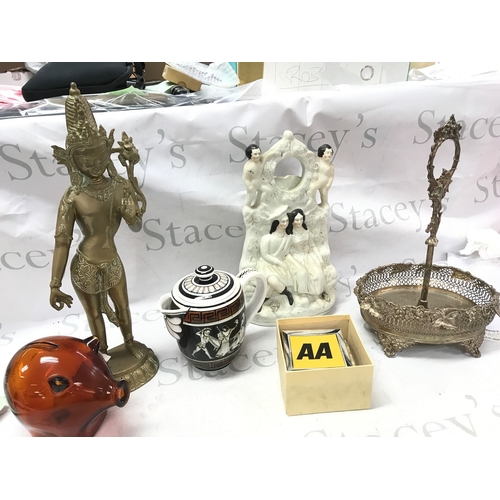 1277 - Four boxes of ceramics including a Staffordshire figure, apothecary jars, bronze deity