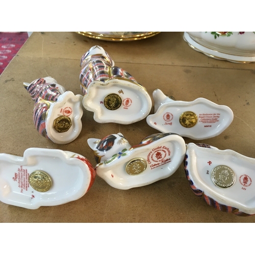 1285 - Sux Royal Crown Derby paperweights in the form of Cat and Dog figures, all with stoppers. Three from... 