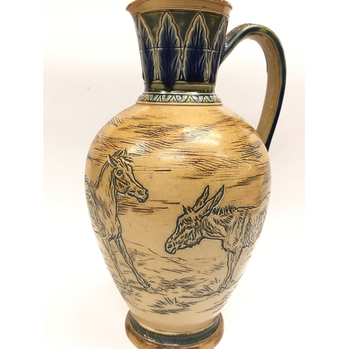 1291 - HannahÍs Barlow stoneware jug decorated with donkeys. 25cm tall. No obvious damage or restoration