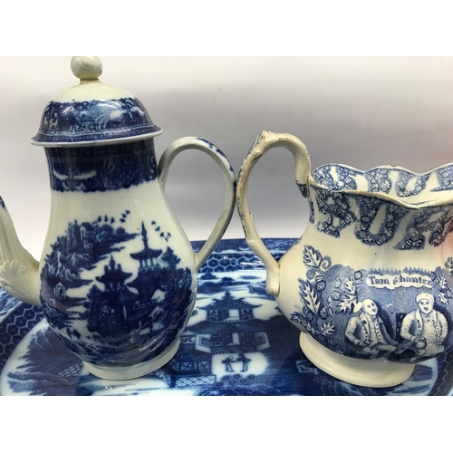 1309 - A Worcester type 18th century coffee pot and two other blue and white ceramic items