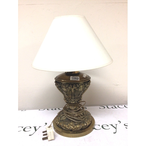 864 - A quality Victorian oxidised and lacquered brass oil lamp of Gothic design later converted to a lamp... 