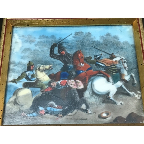 873 - An 18th century miniature depicting a cavalry battle scene, framed later. Frame size 18x16cm. Pictur... 