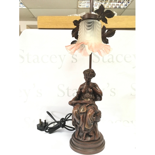 885 - A metal lamp lovely girl with leaves, 55cm tall