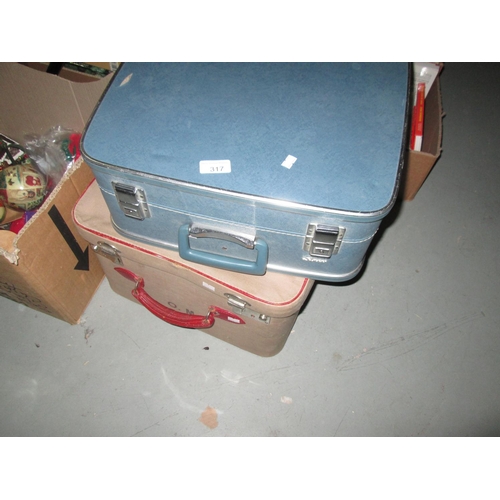 308 - 2 x pieces of vintage luggage & 5 x boxes of oddments, china, glass kitchenware etc.