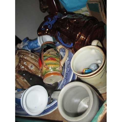 161 - 4 x boxes of decorative china, tea set, cranberry glass epergne, lustre jug etc.