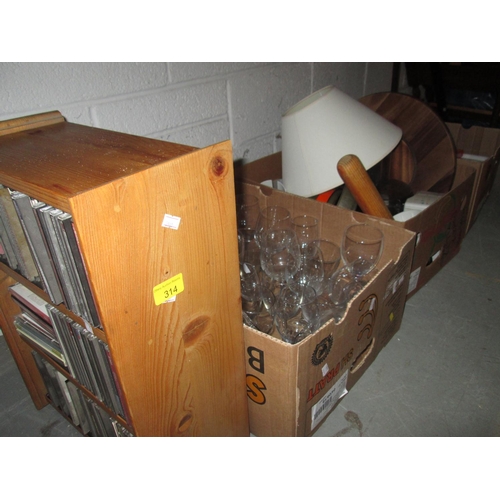 314 - 3 x boxes of kitchenware, glass ware & CDs