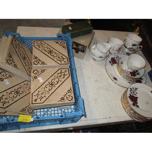 318 - Colcough tea set, Singer sewing machine spares & box of tiles