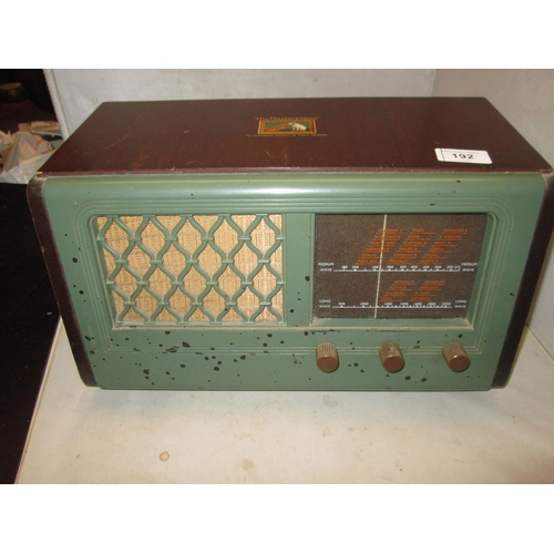 192 - Vintage HMV radio model 115 in wooden case with operating instructions