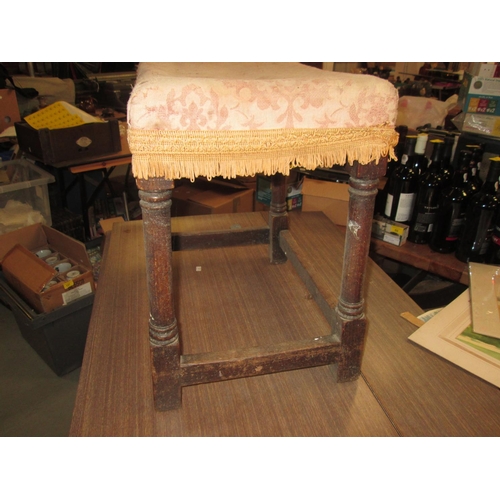 154 - 19th century oak upholstered footstool with turned column legs 31 cms x  46 cms x  45 cms