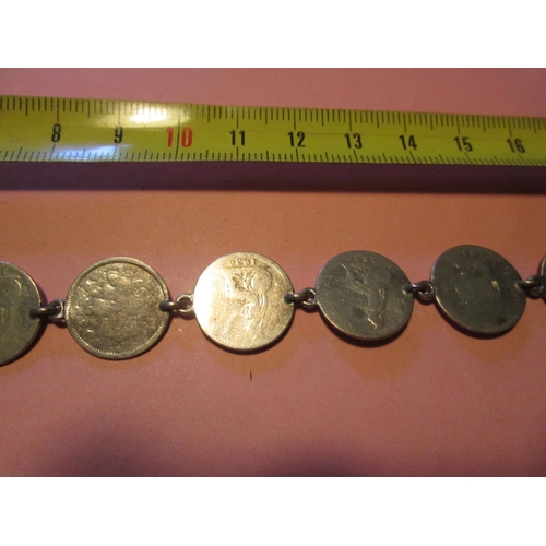 86 - Antique silver coin bracelet made up of ten silver coins all polished, US Half Dollar 1854 drilled, ... 