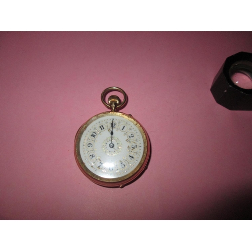 87 - Late 19th / early 20th century pocket watch with gilded enamel face in an 18 ct gold case Sheffield ... 