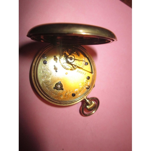 87 - Late 19th / early 20th century pocket watch with gilded enamel face in an 18 ct gold case Sheffield ... 