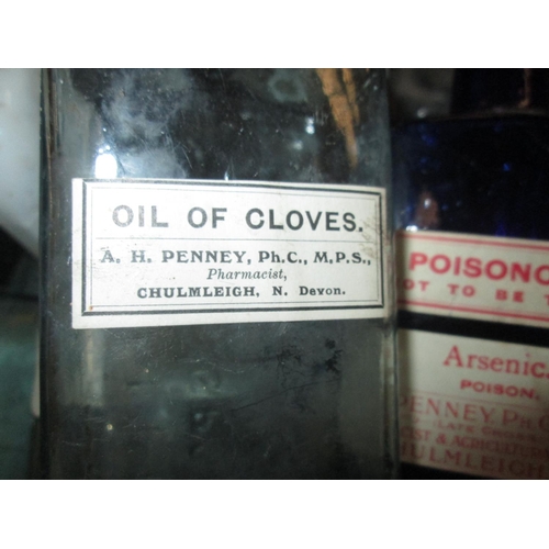 172 - Box of various vintage chemist bottles : some with labels A Penney of Chumleigh, Devon