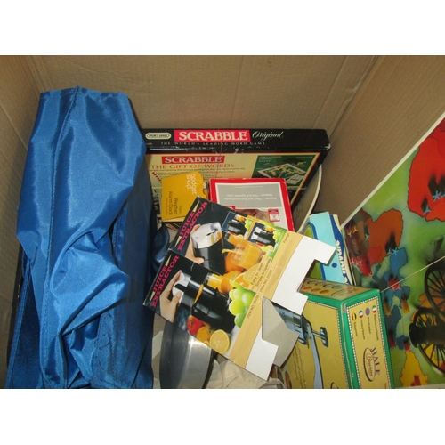 181 - Boxes of kitchenware : glassware, kitchen gadgets, toaster,  kettle, toys, cutlery, games,