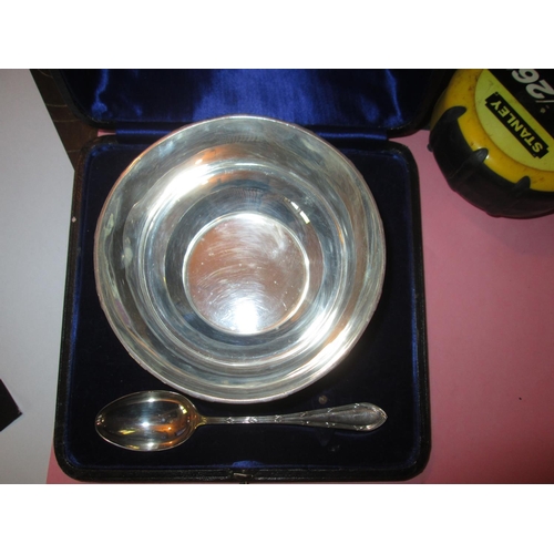 124 - Solid silver Christening bowl, monogramme on bowl,  with tea spoon in presentation case Sheffield Wa... 