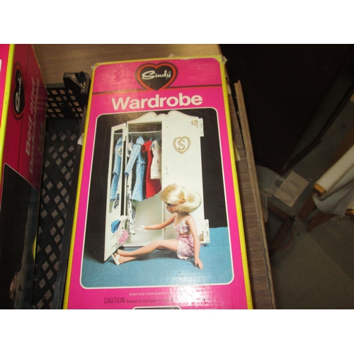 343 - Sindy dolls, clothes, wardrobe, washbasin and bed and bed clothes set in original boxes (play worn c... 