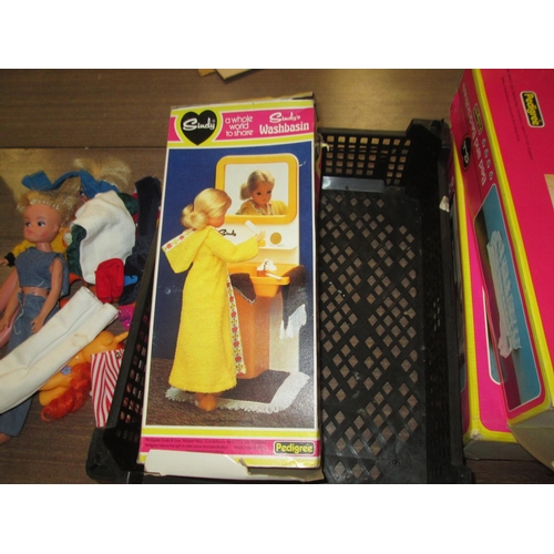 343 - Sindy dolls, clothes, wardrobe, washbasin and bed and bed clothes set in original boxes (play worn c... 