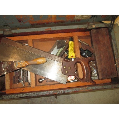 373 - Grey painted ammunition box of tools, Buck & Hickman tenon saw