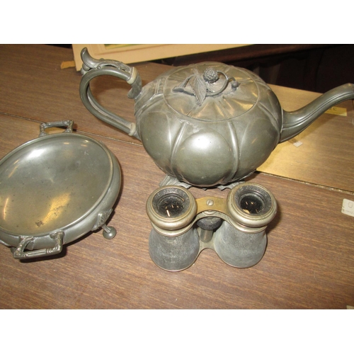 517 - Pewter raspberry pattern tea pot by J Dixon, pewter sugar bowl & Le Jockey Club of Paris binoculars ... 