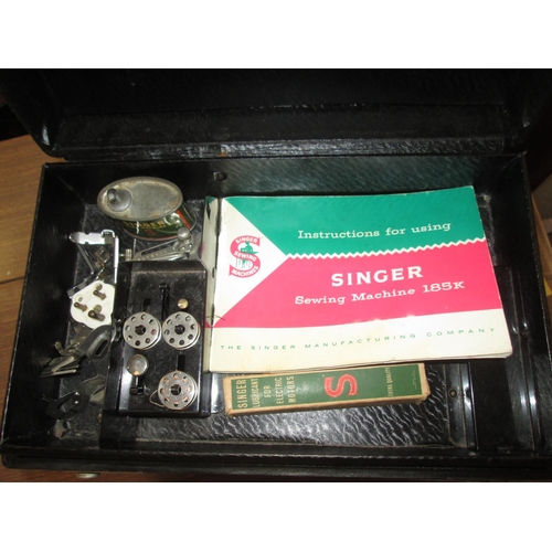 527 - Vintage Singer sewing machine in hardboard case Model K221 featherweight