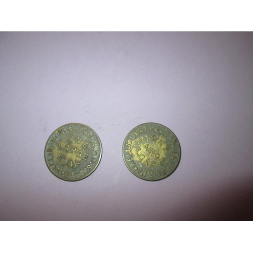 327 - Token : 2 x brass Wellingborough Co Op Large Loaf tokens