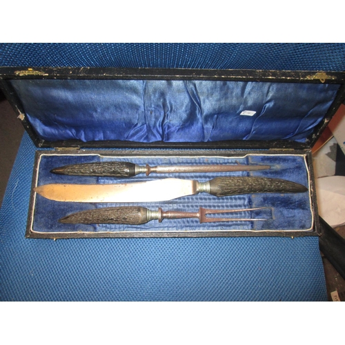 69 - Vintage Sheffield steel carving set with antler handle in presentation box