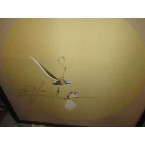 89 - Pair of 20th century Chinese watercolours on silk, Blue Tits Flying and Long Tail Tits on a Bough 90... 