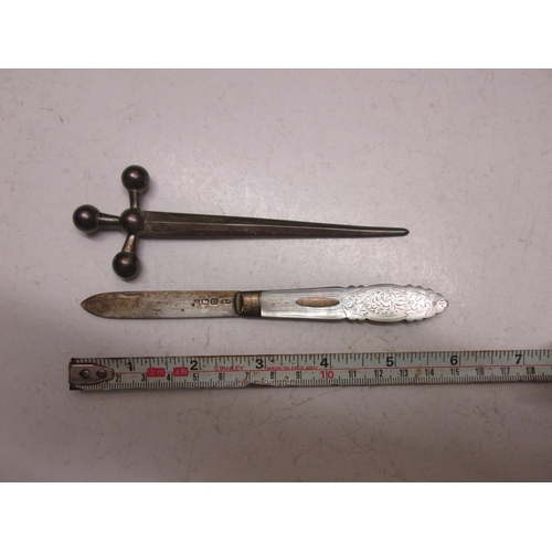 100 - Silver and mother of pearl fruit knife & base metal letter opener modelled as a sword