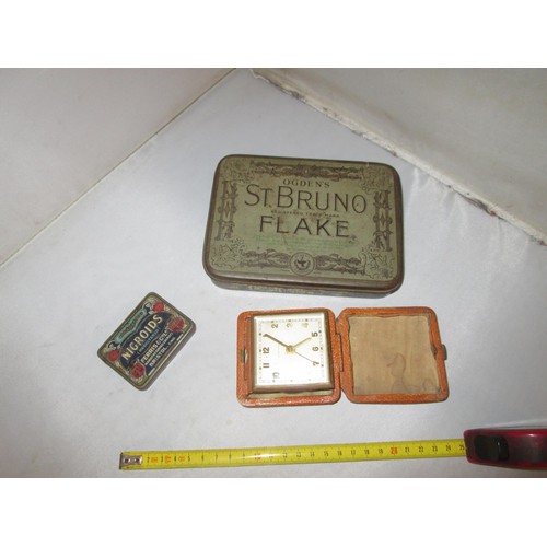 69 - Vintage travelling alarm clock & advertising tins