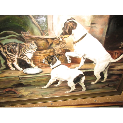 112 - Oil on Fox Terriers Baiting a Cat by B Ballinson 1969 38 cms x 56 cms