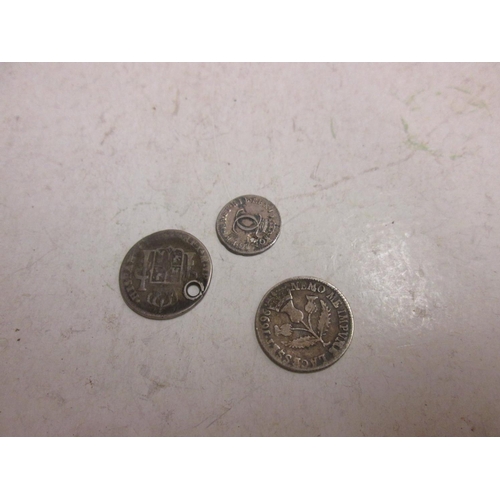 45 - 3 x coins : William III 1696 silver sixpence, drilled Charles II 1680, & drilled Carolean coin