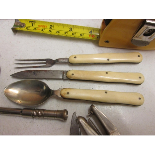 62 - Vintage folding eating set in leather purse, cigar punch, 2 x folding knives