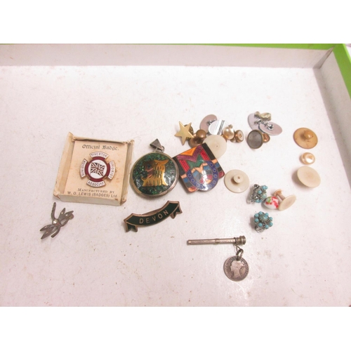 178 - Box of assorted costume jewellery : enamel buckle, enamel badges, silver T bar fob (was a pencil, no... 