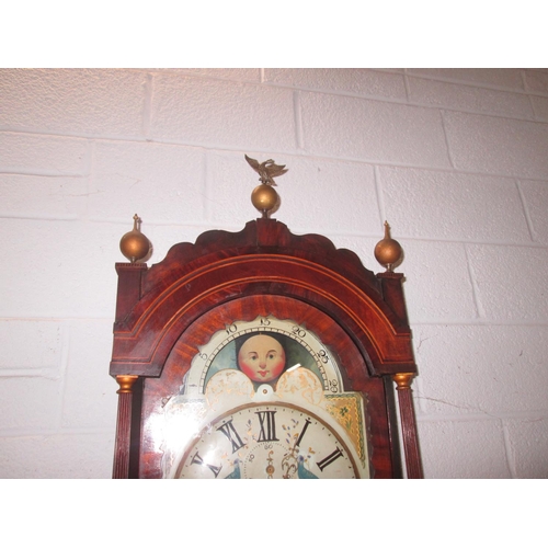 265 - Early 19th century long case clock, 8 day movement, Sun and Moon phase, in a flame mahogany case, cr... 