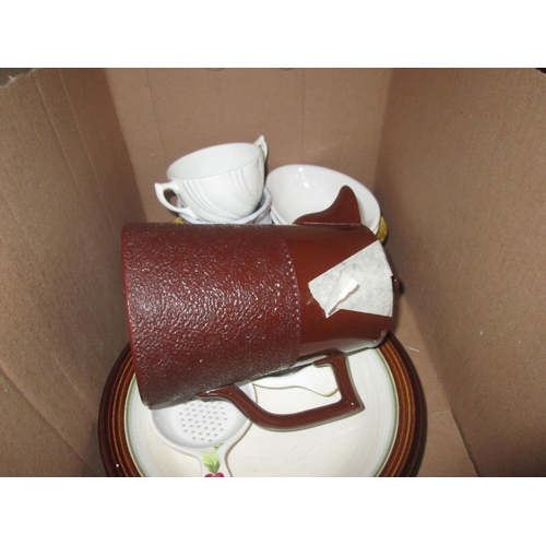 243 - 5 x boxes of vintage and other kitchenware, bookends etc.