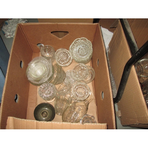 381 - boxes of china glass, pictures, wooden work box, angle poise lamp, etc.