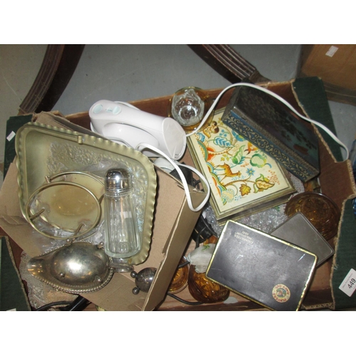 449 - 2 x boxes of books, picture frame, china, silver plate, glass etc.