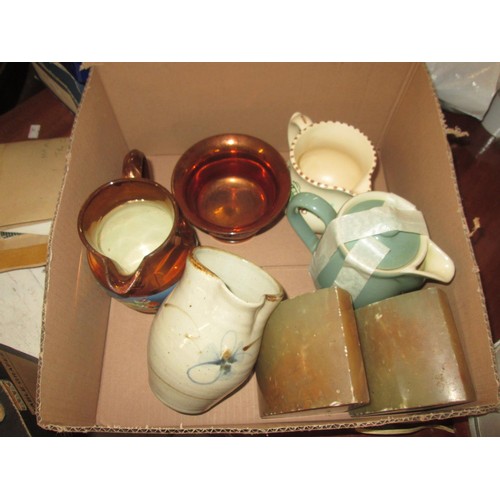 243 - 5 x boxes of vintage and other kitchenware, bookends etc.