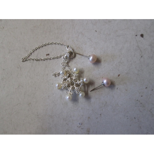 29 - Pink pearl earrings and pearls set as a pendant on chain