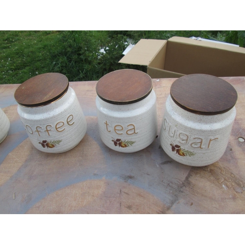 47 - 3 x Kernewek Goonhavern Pottery Autumn Rose storage jars with wooden lids