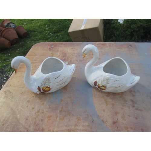 67 - 2 x Kernewek Goonhavern Pottery Autumn Rose swans