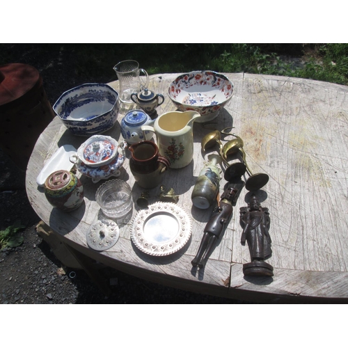 5 - Collection of assorted damaged and other Victorian and later pottery, plated ware, brass etc.