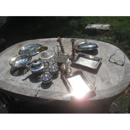 6 - Collection of silver plate : hotel ware, cruet, brass mortar etc.