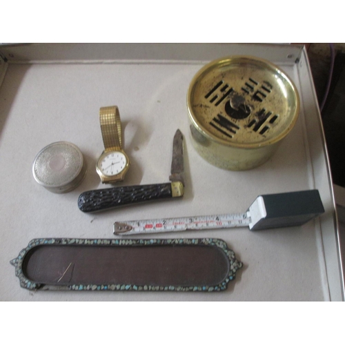 14 - Folding pocket knife, brass presentation ashtray, Dhaussy powder compact, Sekonda wristwatch etc.