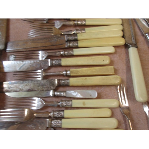 52 - Random array of Victoriana and Edwardian silver plate cutlery with silver collars : fisheaters, waln... 