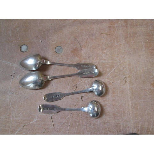 55 - Pair of mustard / jam spoons London 1838 Richard Britton  and pair of silver teaspoons 1843 Richard ... 