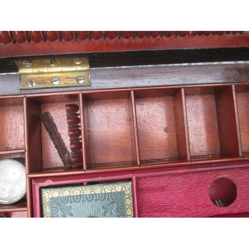 86 - Victorian rosewood sewing table, with hinged lid, fitted interior, note some damage but some pieces ... 