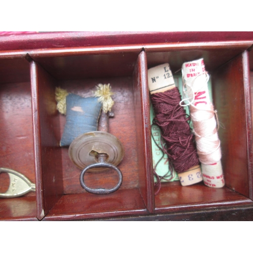 86 - Victorian rosewood sewing table, with hinged lid, fitted interior, note some damage but some pieces ... 