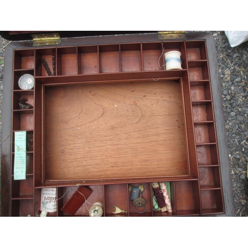 86 - Victorian rosewood sewing table, with hinged lid, fitted interior, note some damage but some pieces ... 