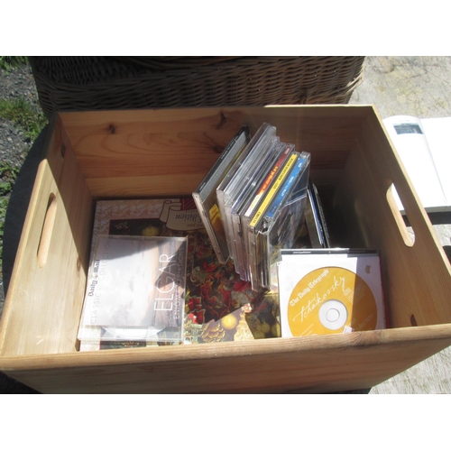 157 - Assorted baskets, blue and white meat charger (cracked and crazed), wooden box, CDs, hanging rack wo... 